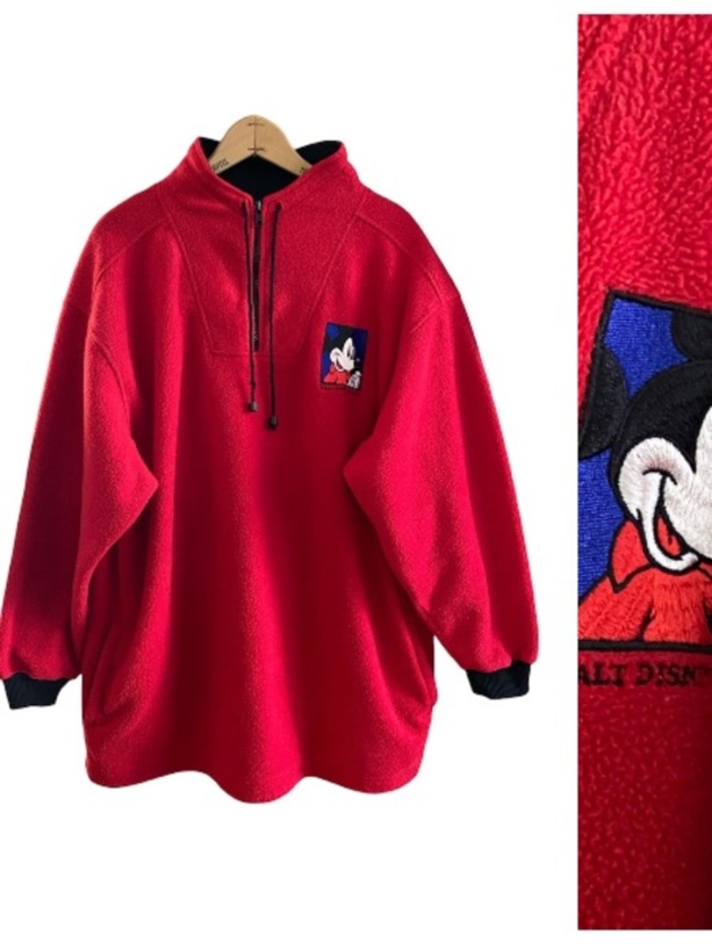 Vintage Mickey Mouse Disney World Red Fleece Quarter Zip Sweater Jacket Medium